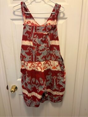 Red & Cream Patterned Short Overalls Jumpsuit